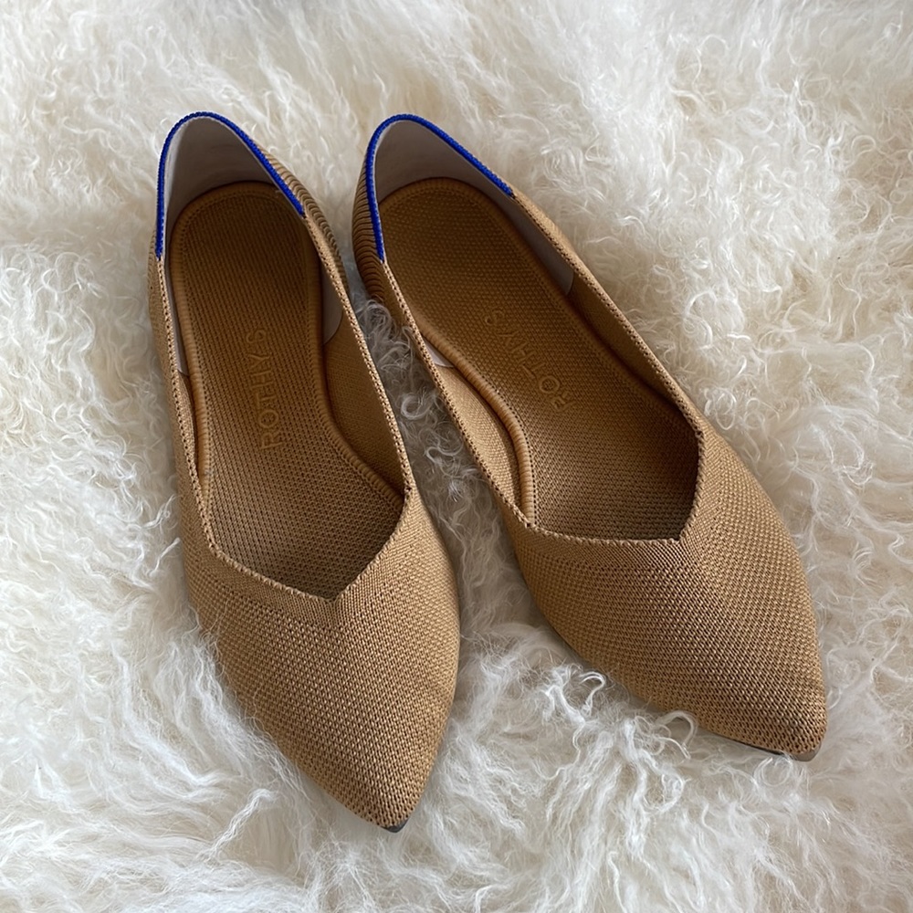 Rothy's Pointed Toe Flats in Tan with Blue Accent - Picture 2 of 5